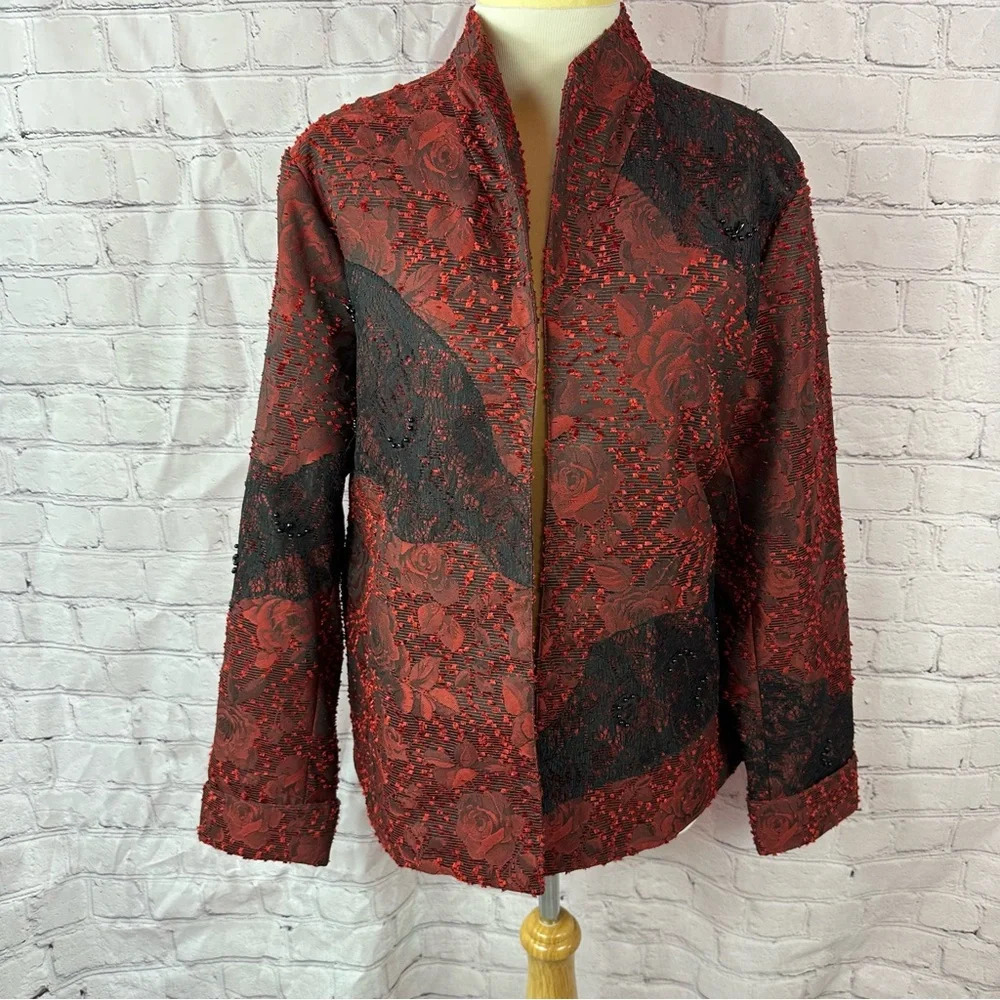 vintage coldwater creek blazer jacket sz large red black beaded floral
